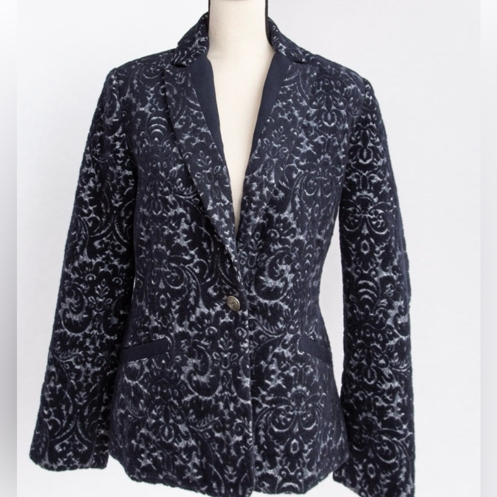 CAbi Blazer Jacket 6 Jacquard Textured Navy Blue Wool Blend Flocked - Picture 3 of 11